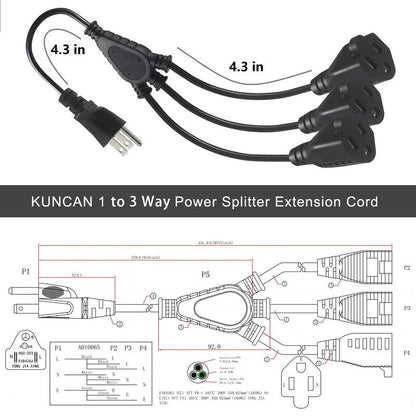 KUNCAN 3-Way Splitter Extension Cord - 3 Prong 1 to 3 Way Power Splitter, 1FT 18AWG 10A/1250W, NEMA 5-15P to 3X NEMA 5-15R Y Style 3-Outlet Extension Cord for Home, Room, Office(Black 1-Pack)