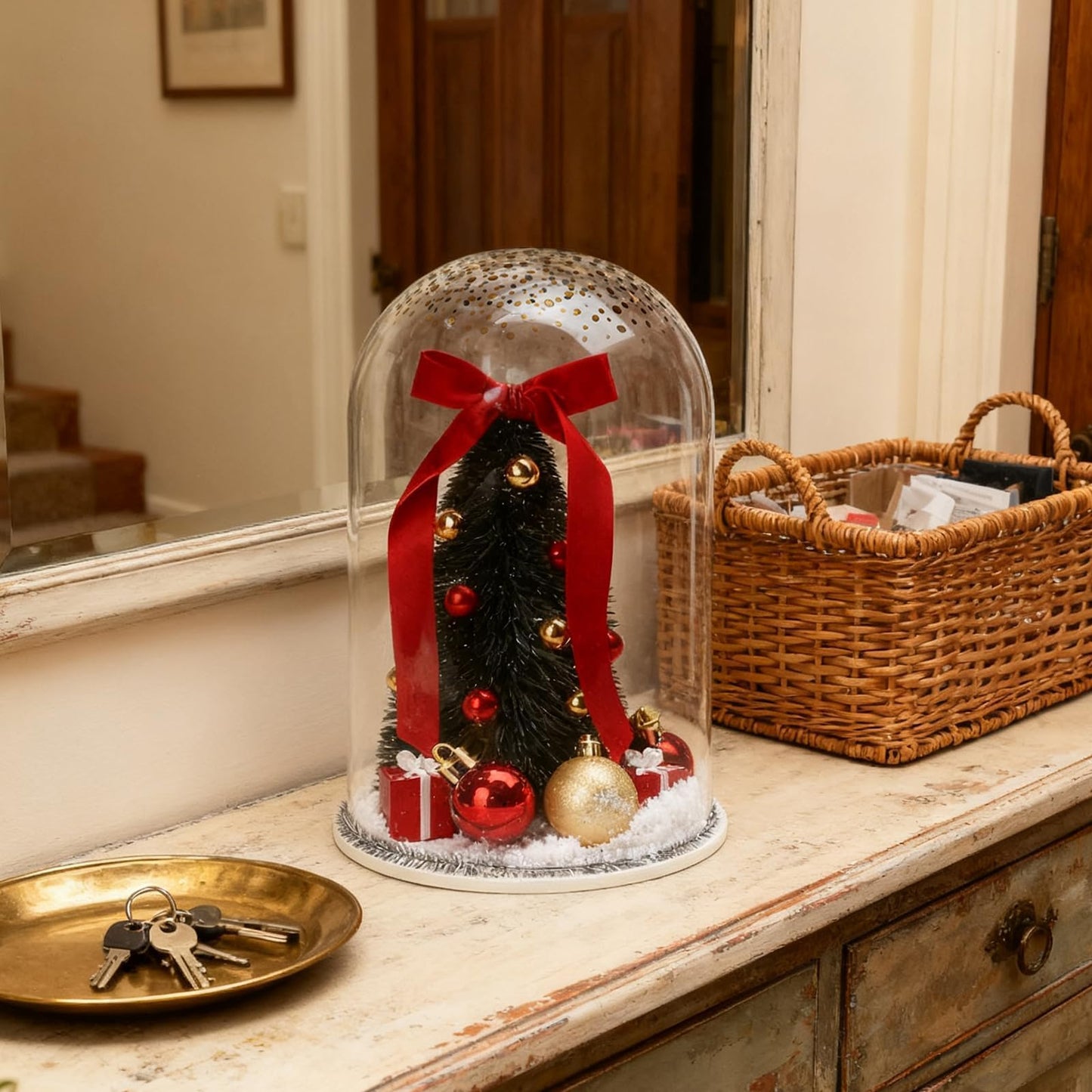 Christmas Decorations Table Centerpieces, Christmas Tree with Ornaments in Dome Cloche, Xmas Winter Tabletop Decor for Tiered Tray Shelf Mantel Fireplace Coffee Table Office Desk Holiday Decoration