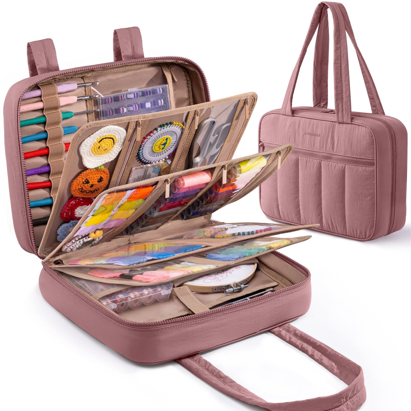 AMOIGEE Sewing Supplies Organizer Bag, Large Craft Storage Tote with 17 Clear Pockets&Tool Holders, Portable Crochet Knitting Embroidery Organizer Case for Threads, Hooks, Needles & Sewing Accessories