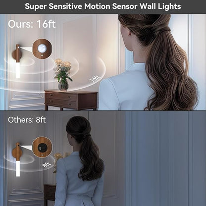Battery-Operated Wall Sconce Wall Lights: 2200mAh Rechargeable Motion Sensor Magnetic Wireless Stairway Lights Portable Hallway Light Wooden Wall Lighting for Bedroom Stair(White Light)
