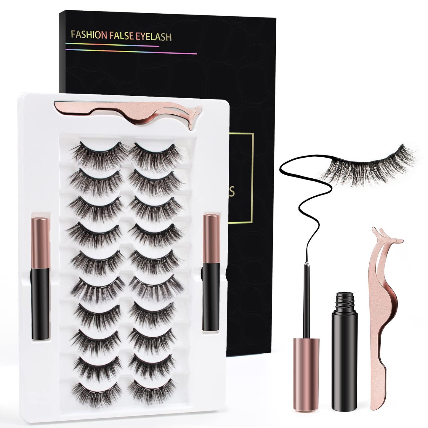 Magnetic Eyelashes Kit, 3D Reusable Magnetic False Eyelashes with 2 Tubes of Magnetic Eyeliner & Tweezers - Easy to Use, Black, Natural Look