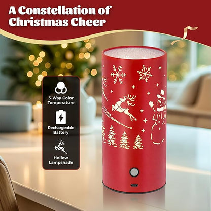 Christmas Table Lamp with Hollow-Out Design - Rechargeable Touch Control Dual Color LED, Warm/Cool White Metal Decor for Home Desk Party, 1200mAh Battery - 2pack(Red)