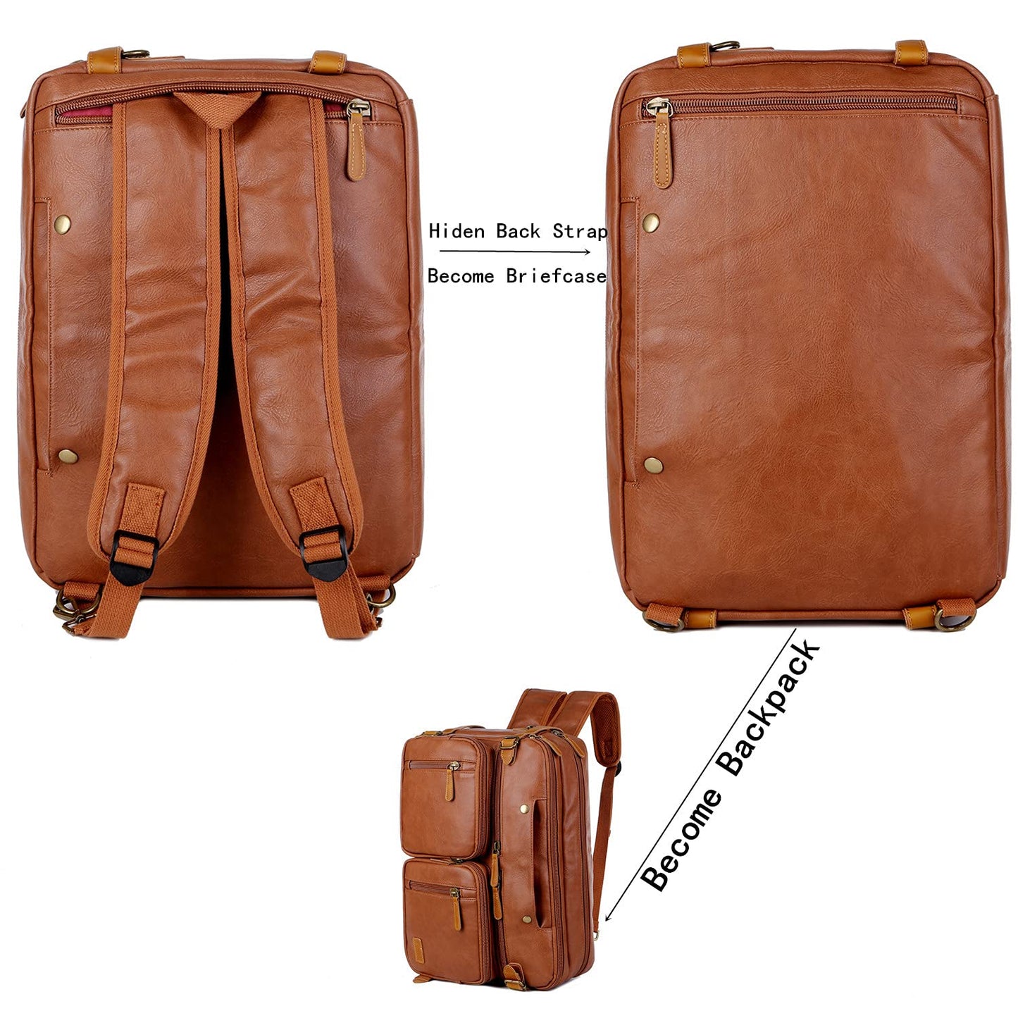 Men Vegan Leather Briefcase Backpack Hybrid 17 Inch Laptop Bag Case Business Messenger bag HB-22 (Brown)