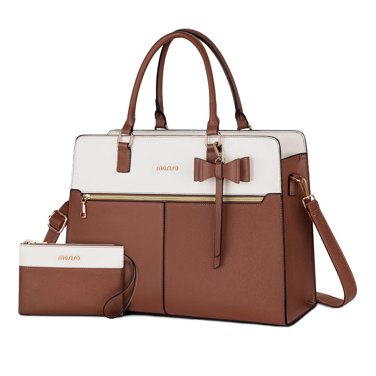 MOSISO Laptop Tote Bag for Women, 15.6 inch Waterproof PU Leather Work Bag with Clutch Purse & Bowknot, Large Capacity Handbag Shoulder Computer Bags Work Briefcase for Business Teacher Office, Brown