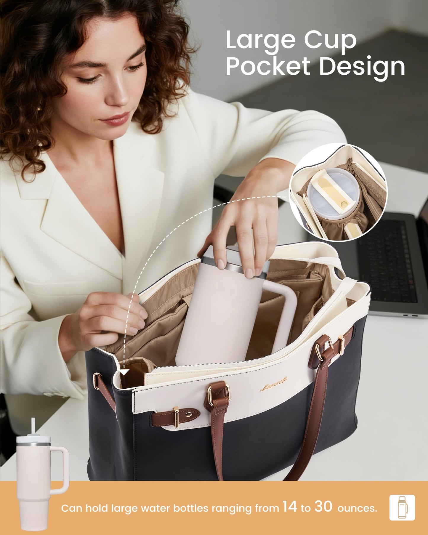 LOVEVOOK Laptop Tote Bag for Women Work, Teacher Tote Bag Nurse Bag with Large Cup Holder, 17.3 Inch Waterproof Leather Computer Bag Professional Business Office Briefcase, Black-beige-brown