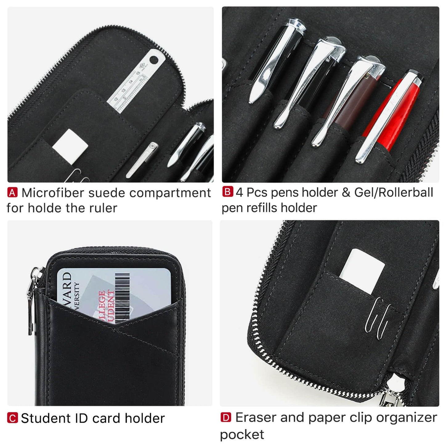 Hiram Handmade 4-Pen Case, Triple-Zip Crazy-Horse Leather Pouch with Microfiber Suede Lining, Heart-Stamped, Fountain/Ballpoint Box, Vintage Executive Stationery Storage(Black)