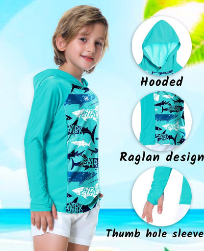 Kids Hooded Swim Top Boys Shark Print Sun Shirt Rash Guard Uv Protection Athletic SPF Shirts Aqua 7-8 Years