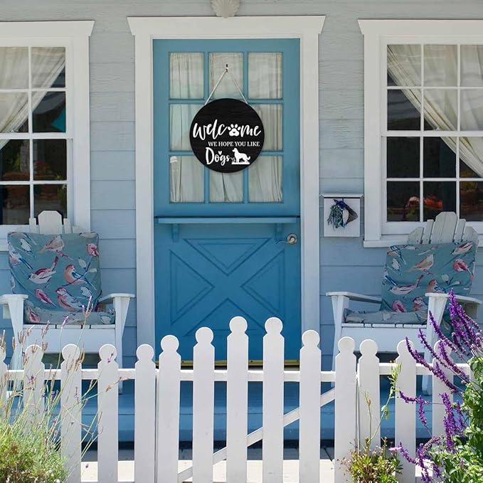 Cute Welcome Sign for Front Door We Hope You Like Dogs 12x12 in Hanging Outdoor Home Porch Decorations