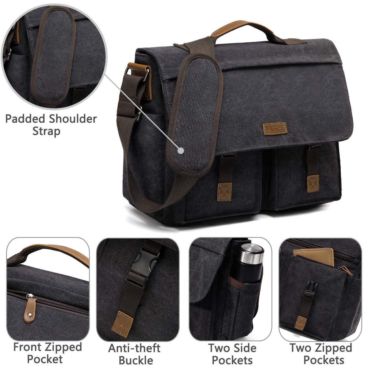 Messenger Bag for Men, VASCHY Vintage Water Resistant Waxed Canvas Satchel 15.6 inch Laptop Briefcase Shoulder Bag with Padded Shoulder Strap Gray