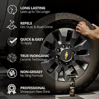 CERAKOTE Rapid Ceramic Tire Coat – Showroom New Tire Shine – Deep Tire Black Finish – Lasts Up to 10x Longer – No Sling, Non-Greasy Ceramic Tire Coating for Car, Truck & SUV – Easy Application (10oz)