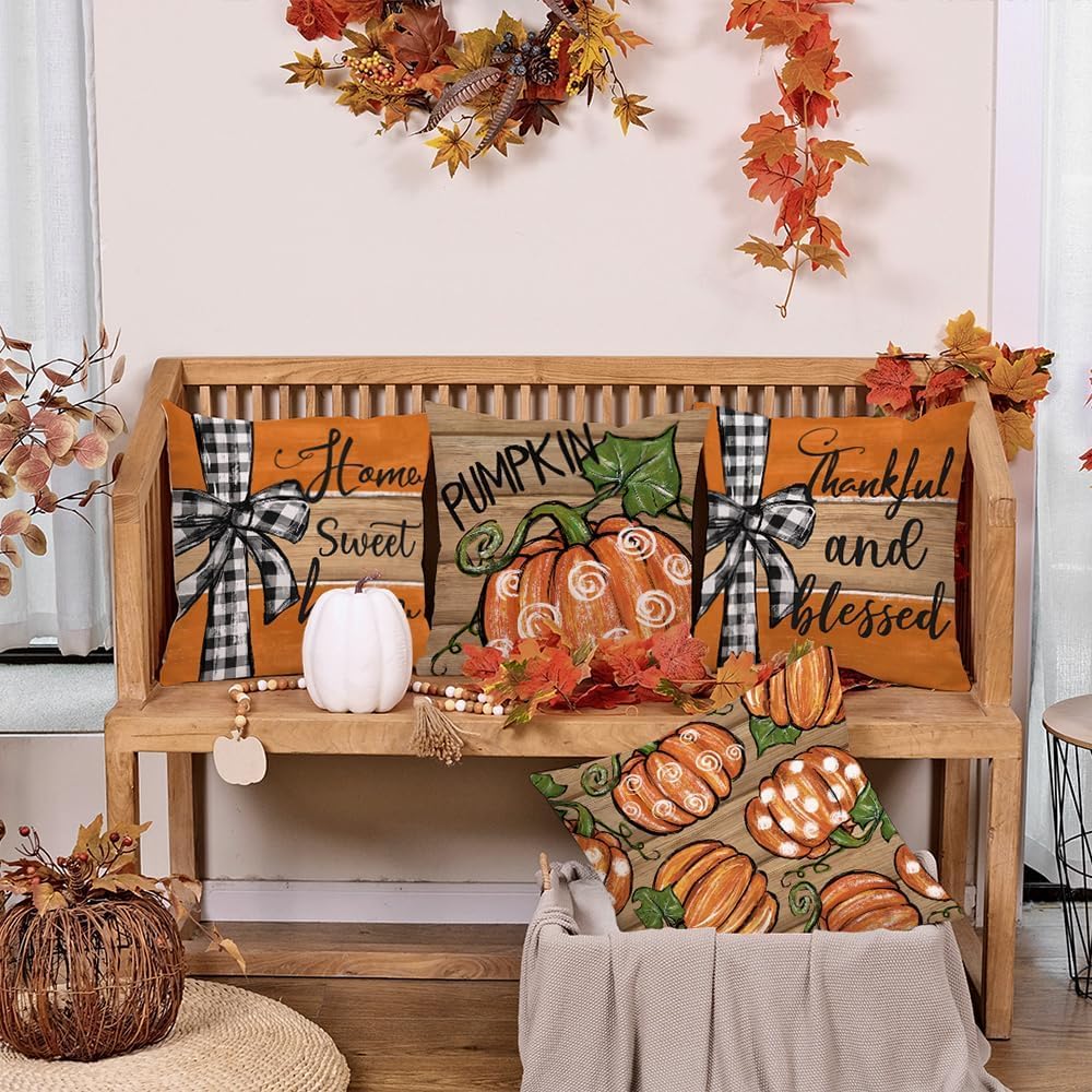 GEEORY Fall Wood Pumpkin Buffalo Plaid Sweet Home Pillow Covers 18x18 Set 4