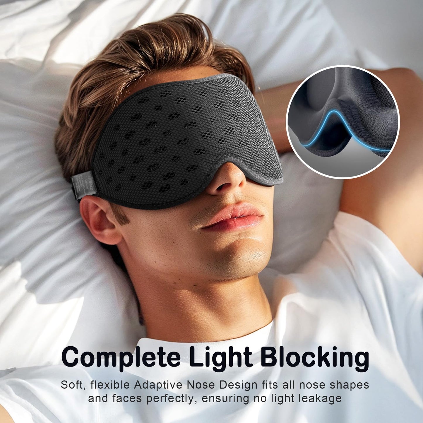 LitBear Breathable Sleep Mask, 3D Eye Mak Sleep for Side Sleepers Women Men, Light Blocking Sleeping Mask with Adjustable Strap, Soft Lightweight Eye Cover for Travel, Night Work, Nap, Office - Blue