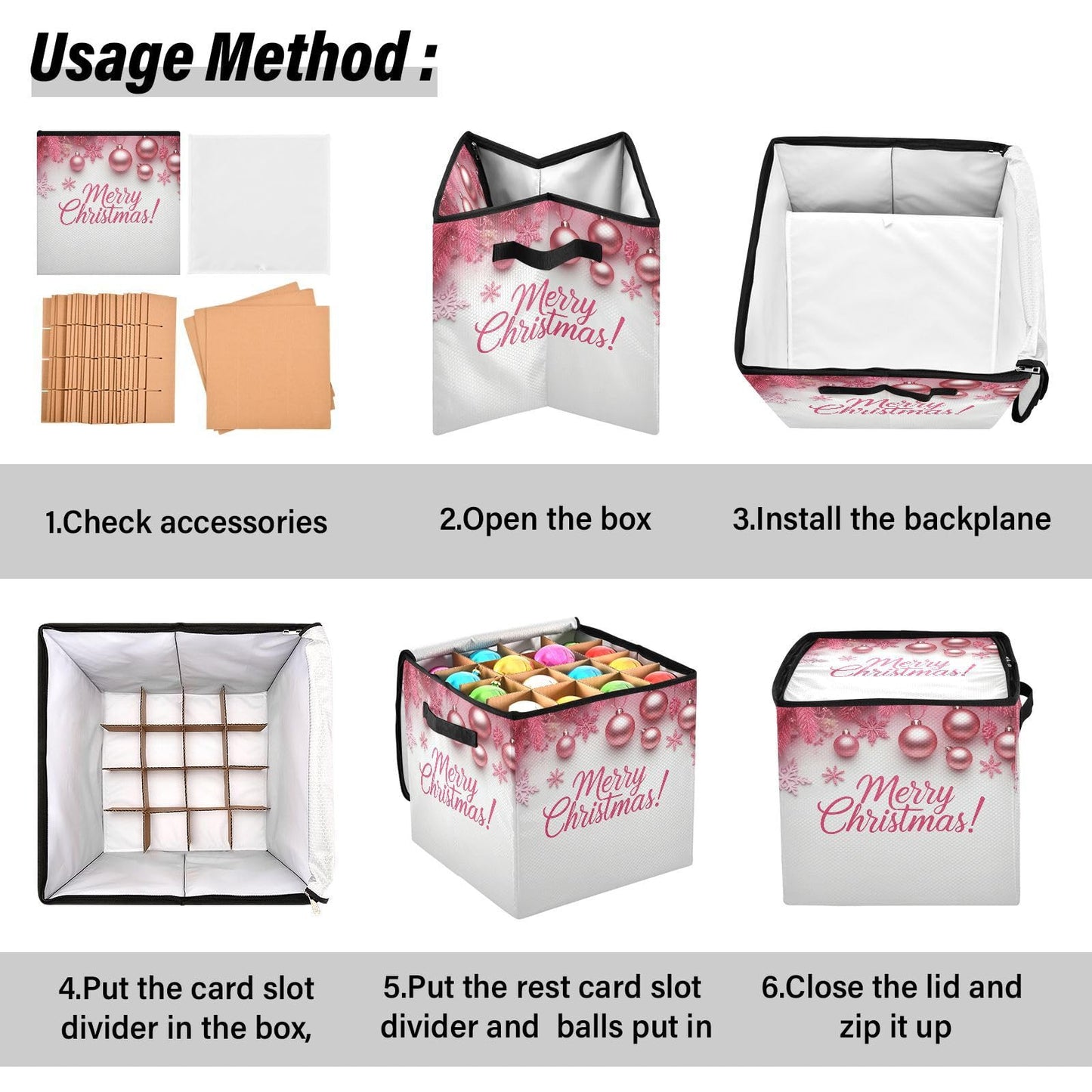 Gravopti Merry Christmas Pink Christmas Ornament Storage Box with Dividers, Holds up to 64-3" Holiday Ornaments, Collapsible Xmas Decoration Container with Lid & Handles, 13x13 Inch