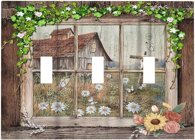Farm Barn Farmhouse Rustic Country Flower 3 Gang Wall Plates Decorative Triple Toggle Light Switch Cover Electrical Switchplate Unused Decorate Faceplate for Bathroom Home