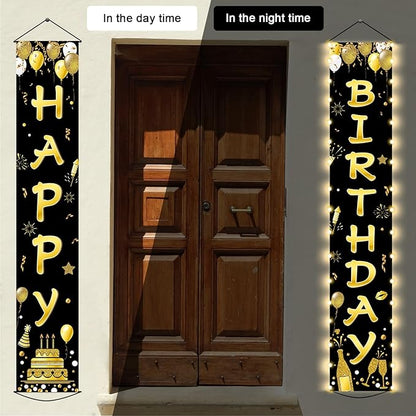 Black Gold Happy Birthday Door Banner Lighted Decorations for Men Women Happy Birthday Banner Porch Sign with LED light Party Supplies 16th 18th 30th 40th 50th 60th Party Decoration