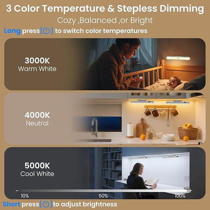 Under Cabinet Lighting Battery Operated 3000mAh Rechargeable,New Closet Motion Sensor Lights Indoor, Power Display 3 Color Temps Dimmable 300LM Magnetic Light Bar for Kitchen Counter(White)