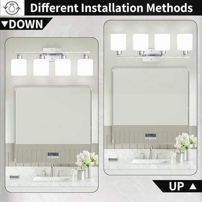 4 Light Bathroom Light Fixtures, Brushed Nickel Vanity Lights for Bathroom with Milky White Frosted Glass Shade, Wall Lights for Mirror Bedroom Living Room E26 Base