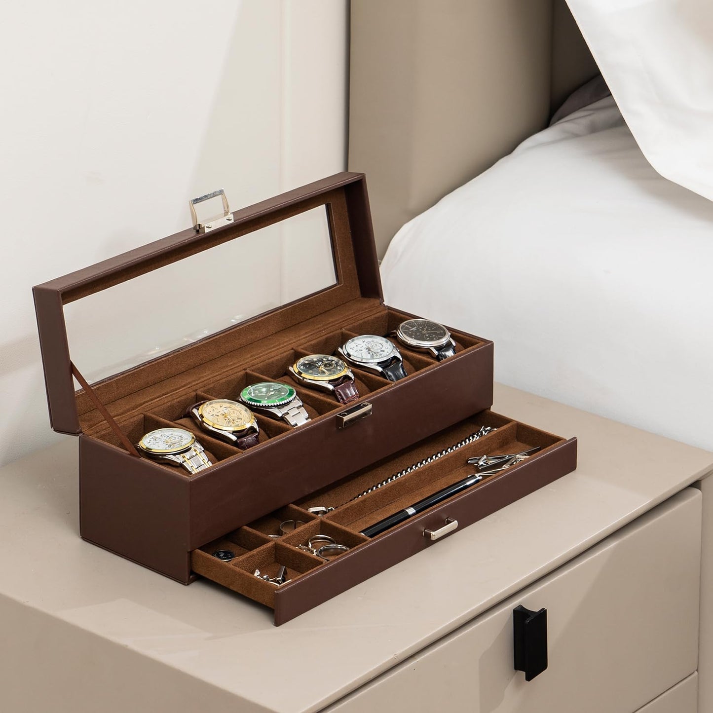 ProCase Watch Box, Fathers Day Gift for Dad, 6 Slot Watches Display Case with Drawer, Mens Watch Case with Glass Lid, 2-Layer Mens Jewelry Organizer Storage Holder -6 Slot, Espresso