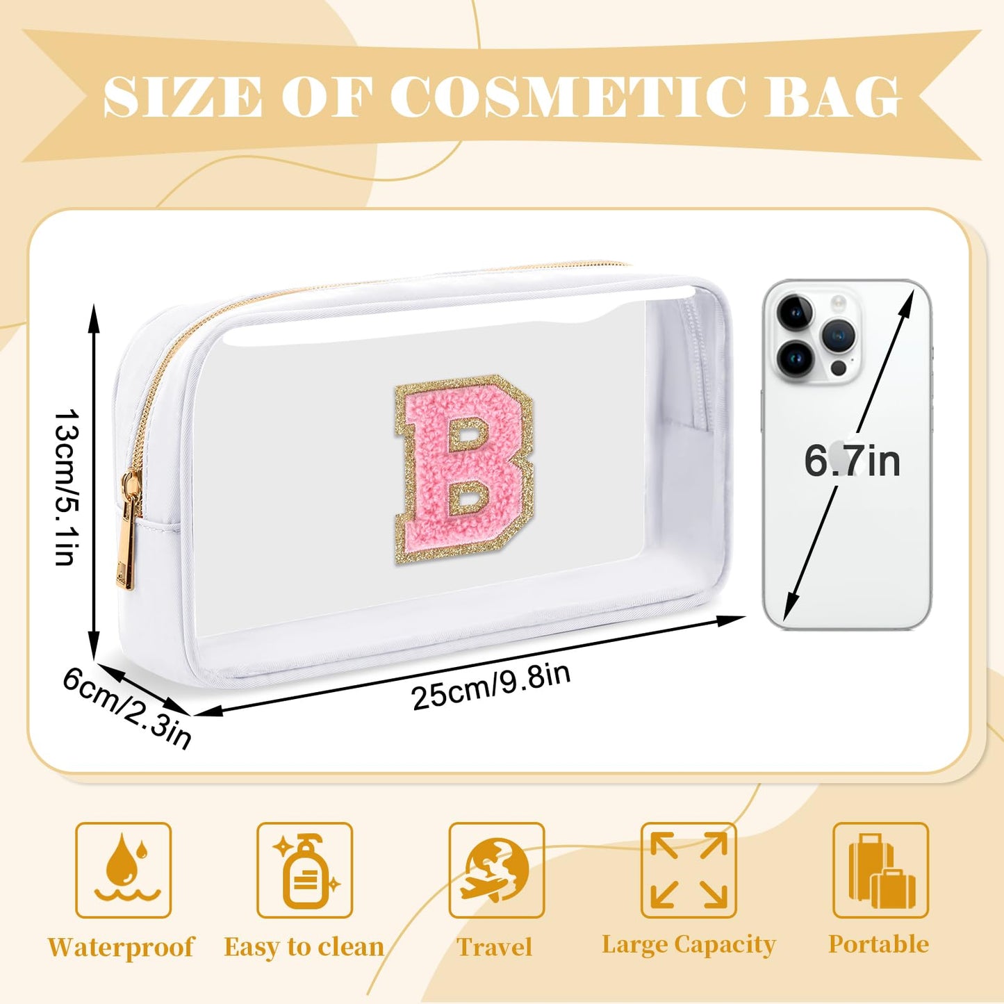 UIXIZQ Personalized Initial Letter Clear Makeup Bag,Preppy Small Nylon&PVC Cosmetic Zipper Bag with Chenille Letter,Travel Skincare Toiletry Bag,Monogram Christmas Gift for Teen Girls Women,B
