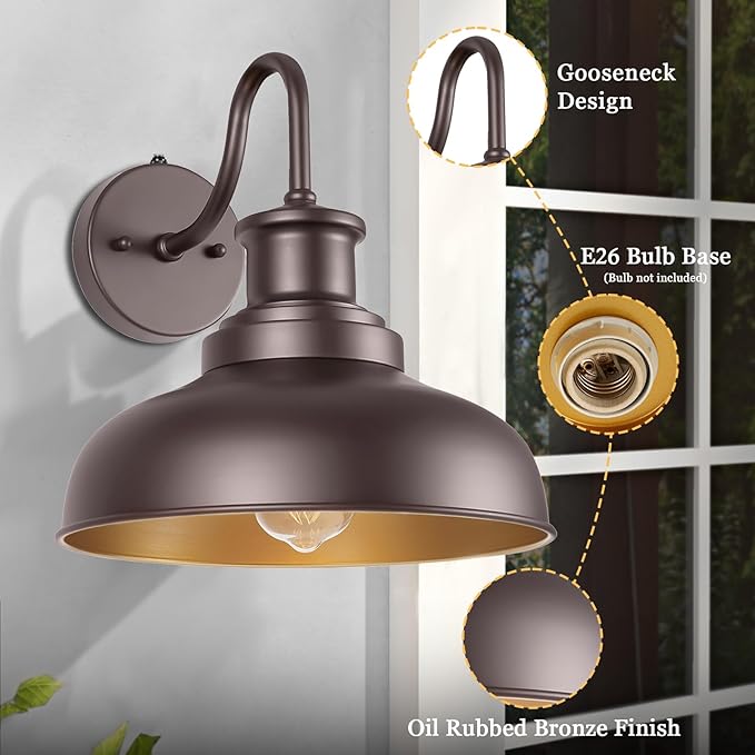 Dusk to Dawn Outdoor Gooseneck Barn Lights Outdoor Wall Sconces Farmhouse Exterior Wall Mount Light Vintage Outside Lighting Fixture Industrial Bronze Lantern for Porch Garage Shed Patio, 2 Pack