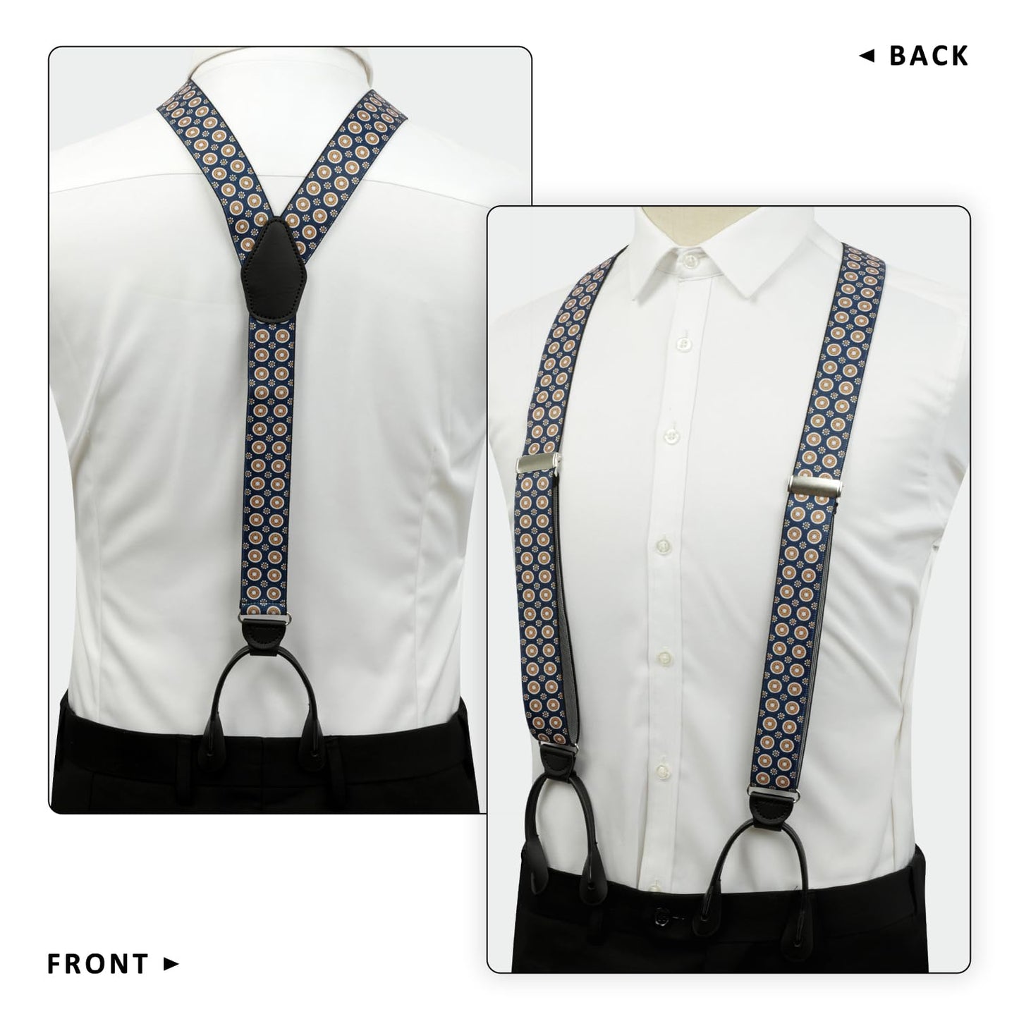 LEHOMU Men Button Suspenders Adjustable,1.4 Inch Wide Heavy Duty Y-Back Elastic Tuxedo Elastic Mens Suspenders with Leather Buttons End,Dark Blue and Golden Circle Pattern