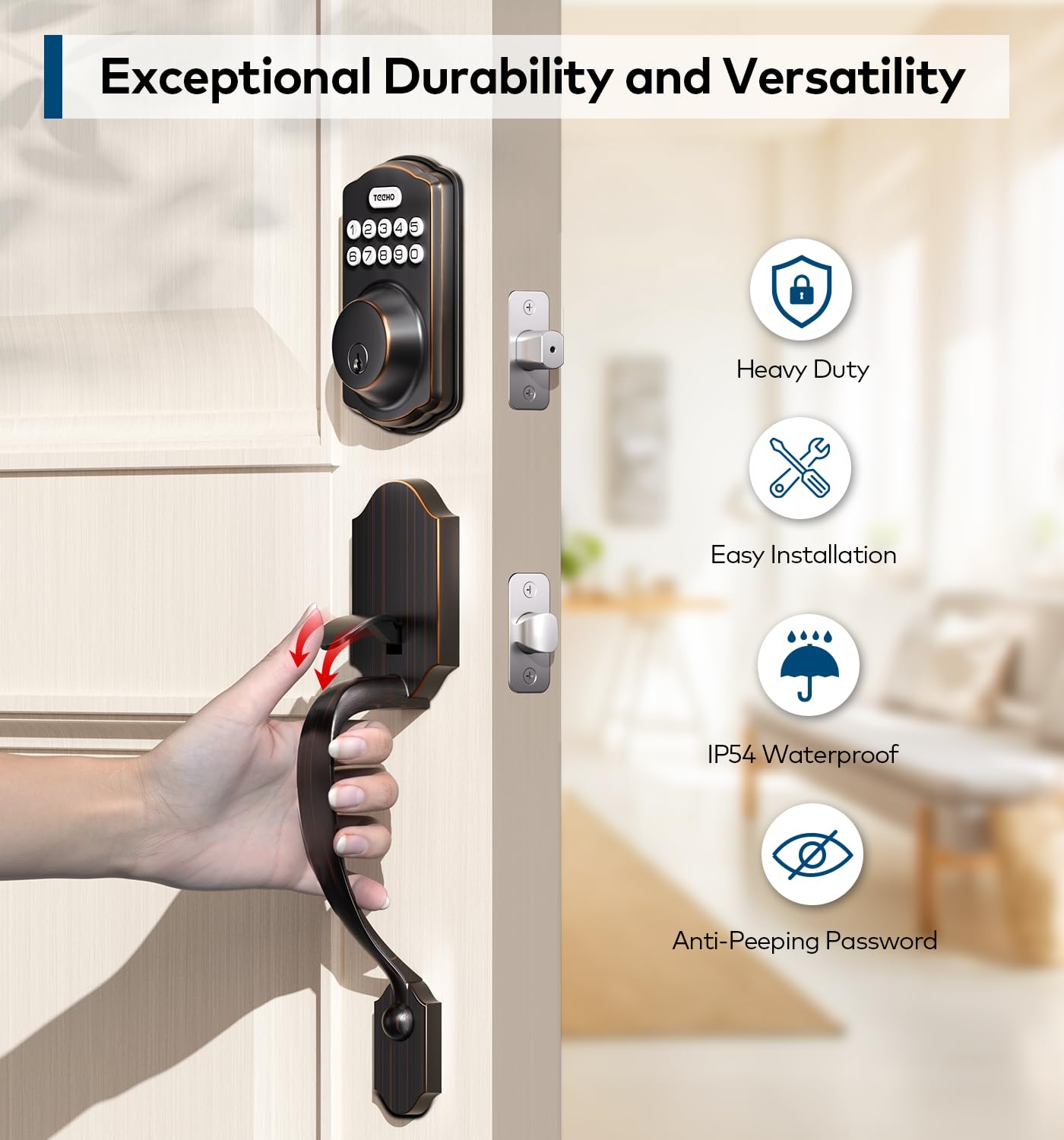 TEEHO Keyless Entry Door Lock Deadbolt with Handle Set, Electronic Digital Smart Locks Set for Front Door with 2 Keys, Easy to Install Keypad Deadbolt, Auto Lock - Matte Black