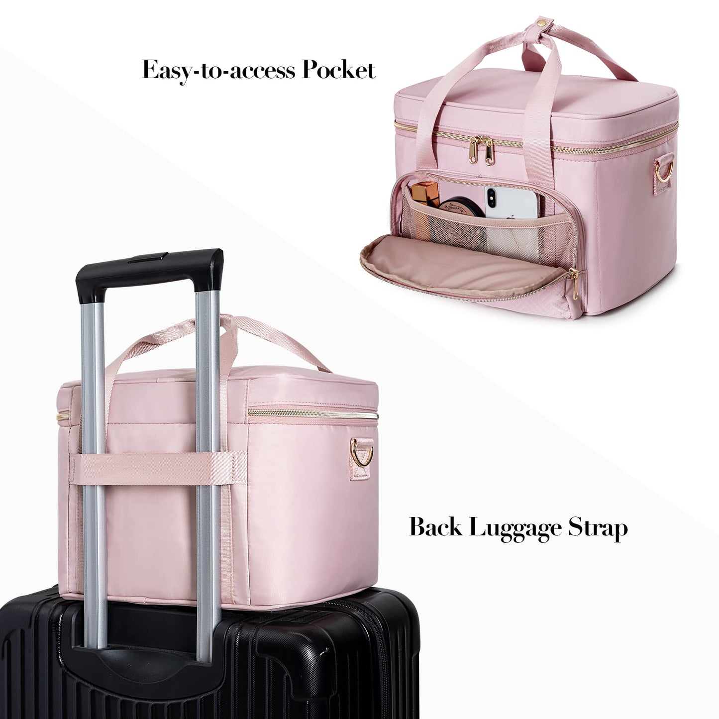 Prokva Travel Makeup Bag with 2 Pouches and Adjustable Dividers, Large Cosmetic Case Make up Organizer for Women Fits Bottles Vertically, Pink (Patented Design)