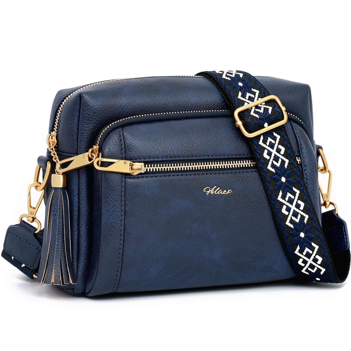 HILAEX Small Leather Crossbody Bags for Women Anti theft Purses and Handbag Shoulder Hangbag with Wide Strap Tassel Navy Blue