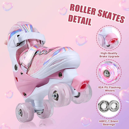HUANOVIX 4 Sizes Adjustable Kids Roller Skates for Girls Boys Toddlers Youth Teens, 4‑Wheel Quad Skates with All Light Up Wheels, for Indoor Outdoor Sports