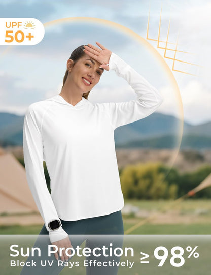 Women's UPF 50+ Sun Shirt with Hoodie SPF Long Sleeve UV Protection Shirts Sun Protection Clothing Hiking Fishing Outdoor Lightweight White L