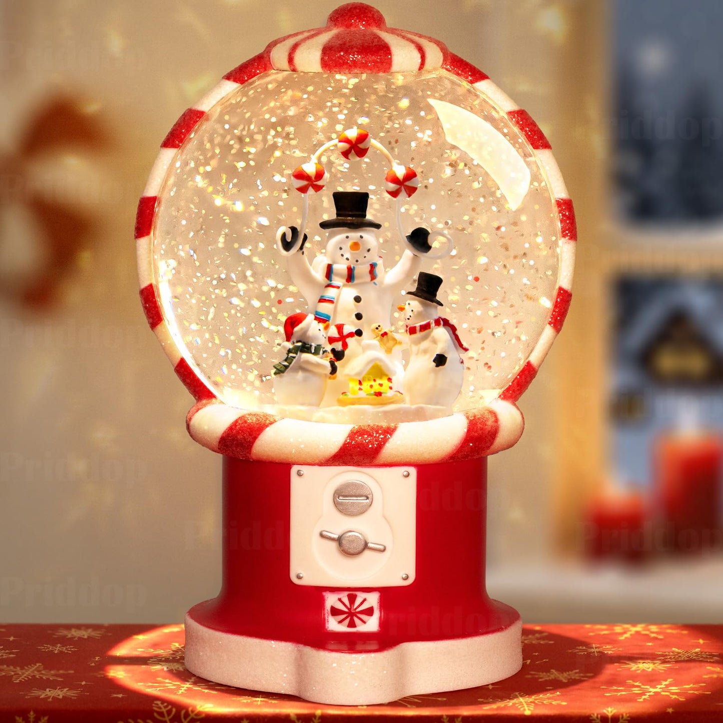 Priddop Snowman Snow Globe Christmas Classic Candy Vending Machine Shape Gifts USB/Battery Musical Glitter Snowfall USB/Battery Timer Christmas Decorations Indoor 7.8 inch