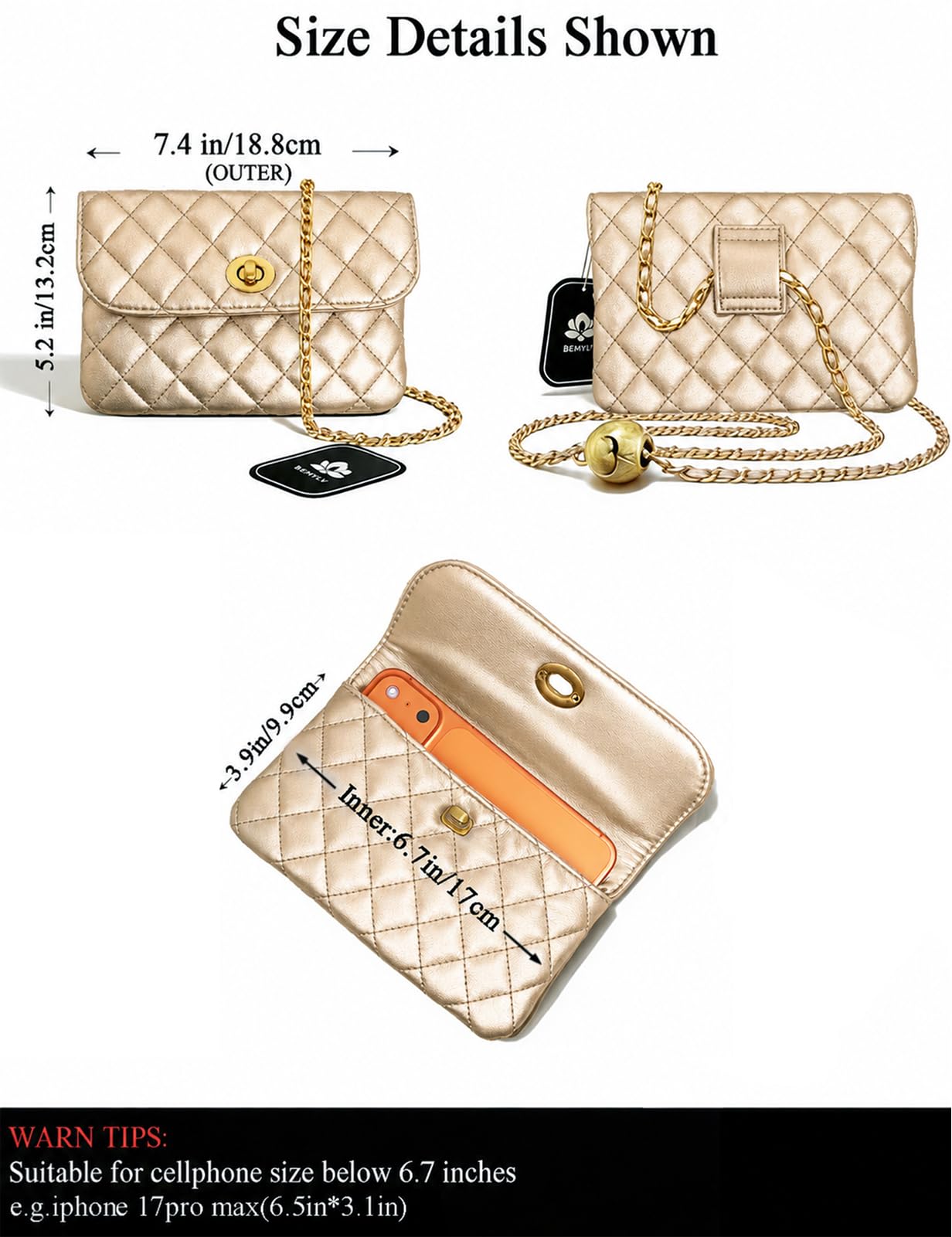 BEMYLV Leather Chain Belt Bag for Women Gold Crossbody Phone Purse Adjustable Fanny Pack Fashion Waist Purse Evening Clutch Detachable Mini Handbag