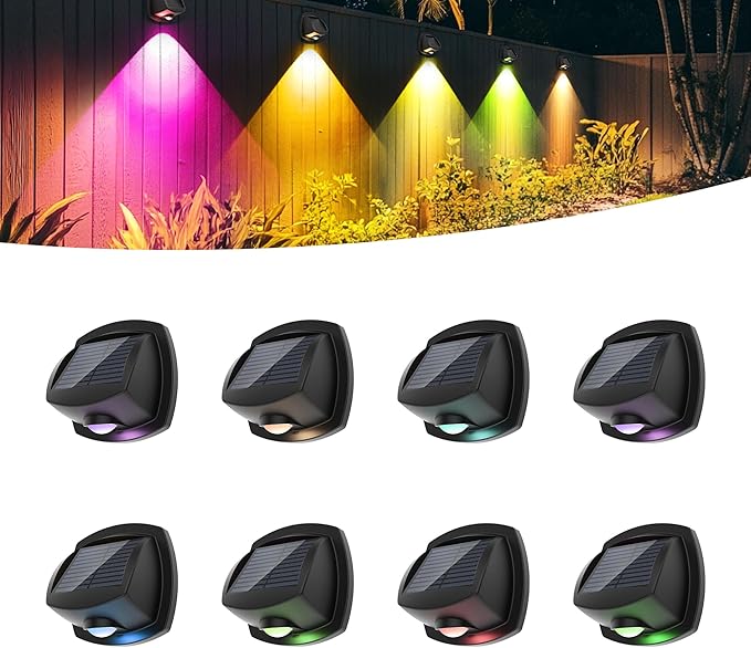 SOLPEX Solar Lights Outdoor Waterproof IP65, Solar Stair Lights Outdoor for Fence, Deck, Step, RGB Multicolor LED 11 Lighting Modes House Wall Light for Porch, Backyard, Fence, Garden Decor-8 Pack