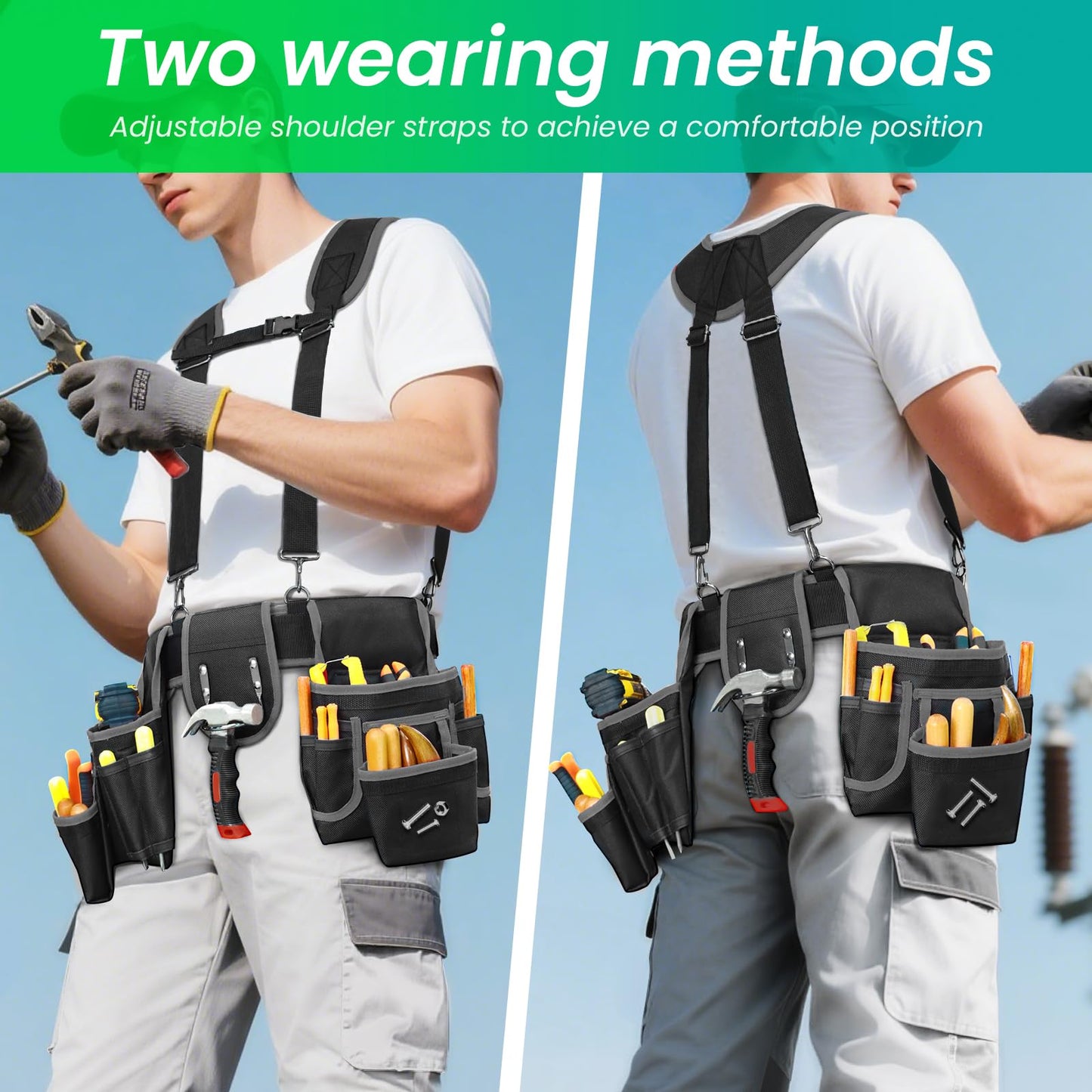 FamilyKit Tool Belt With Suspenders - Magnetic Heavy Duty Tool Belts with 18 Pockets, Tool Pouch with Detachable & Adjustable 32"-66" Waist for Electricians, Carpenters, Framers, Construction,Black