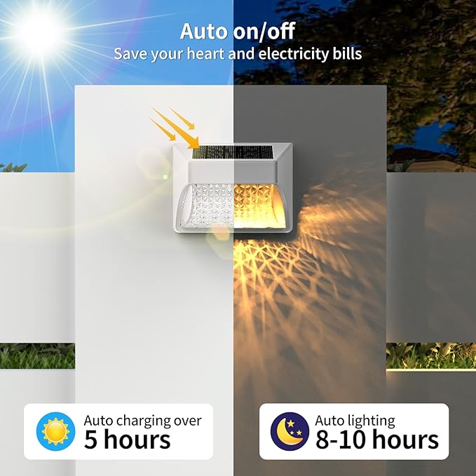 Solar Powered Fence Deck Lights Outdoor Waterproof Led IP65 RGB Color Changing/Warm White Auto On/Off Solar Step Lights for Outside Stair Garden Yard Wall Patio (2 Pack, White)