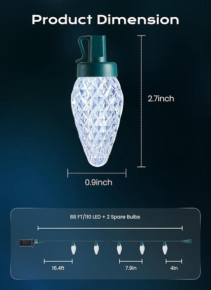Minetom C9 Christmas Lights Outdoor, 72 FT 110 LED C9 String Lights, 8 Modes & Timer Connectable Waterproof for Christmas Tree Light Indoor Outdoor Roofline Patio Outside Yard Xmas Decor, White 72FT