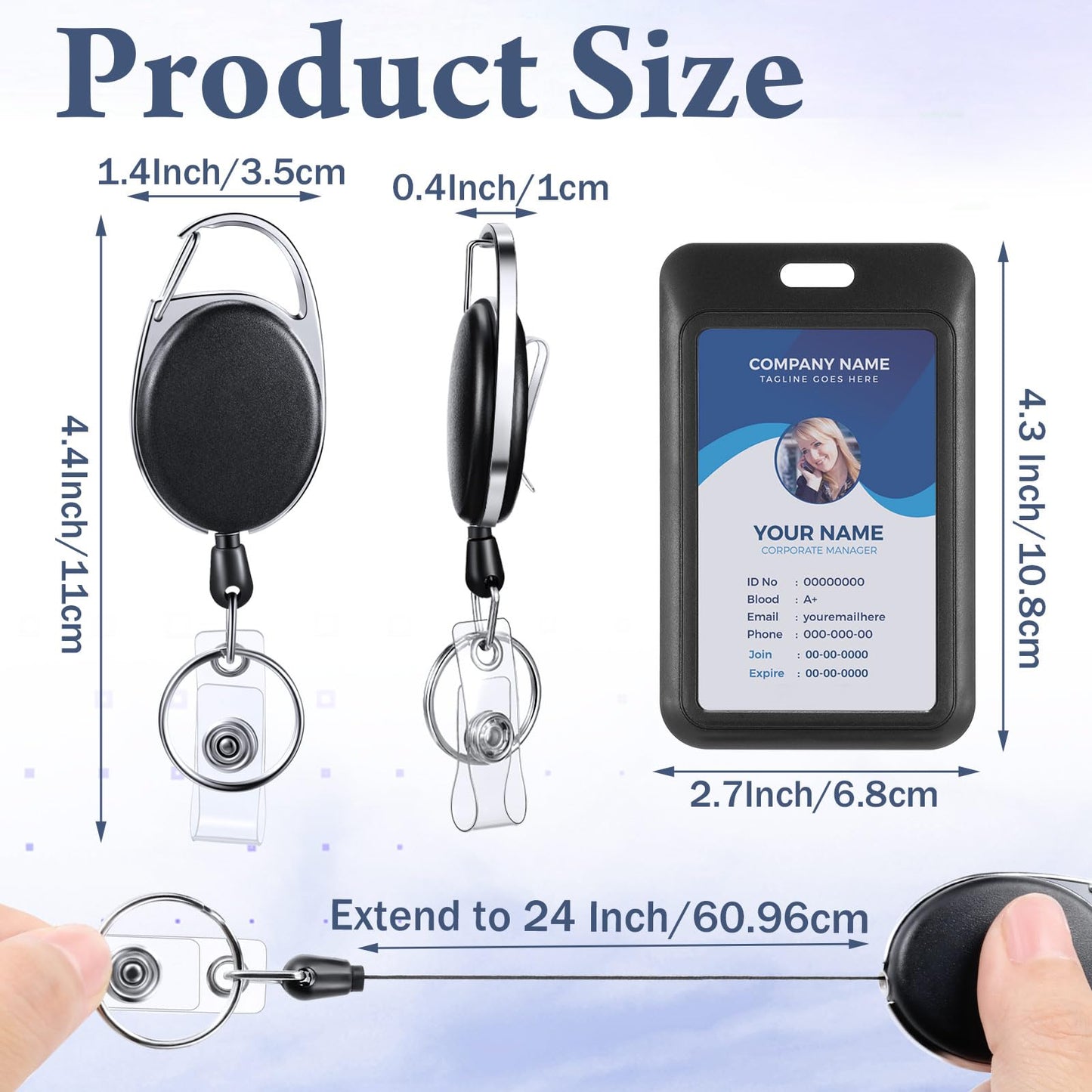Dispowreath 24 Pack Sliding Badge Holder with Retractable Clip Black Vertical Plastic ID Card Case Protector, Heavy Duty Badge Reel ID Holders for Keychain Key Card Nurse Office Credit License