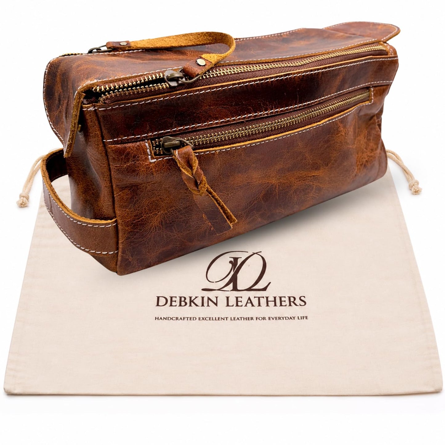 DEBKIN FOCUS Premium Top Grain Buffalo Leather Toiletry Bag for Men, Fathers Day Gift for Dad, Graduation Gifts for Men Him, Leather Shaving Bag, Gift for Birthday, Anniversary, Groomsmen, Husband