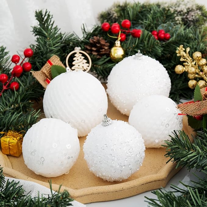 3.15" Christmas Ball Ornaments Glitter Shatterproof Christmas Tree Ornaments Sequin Xmas Hanging Balls Decorations for Wedding Party Holiday(White, 12pc-8cm)