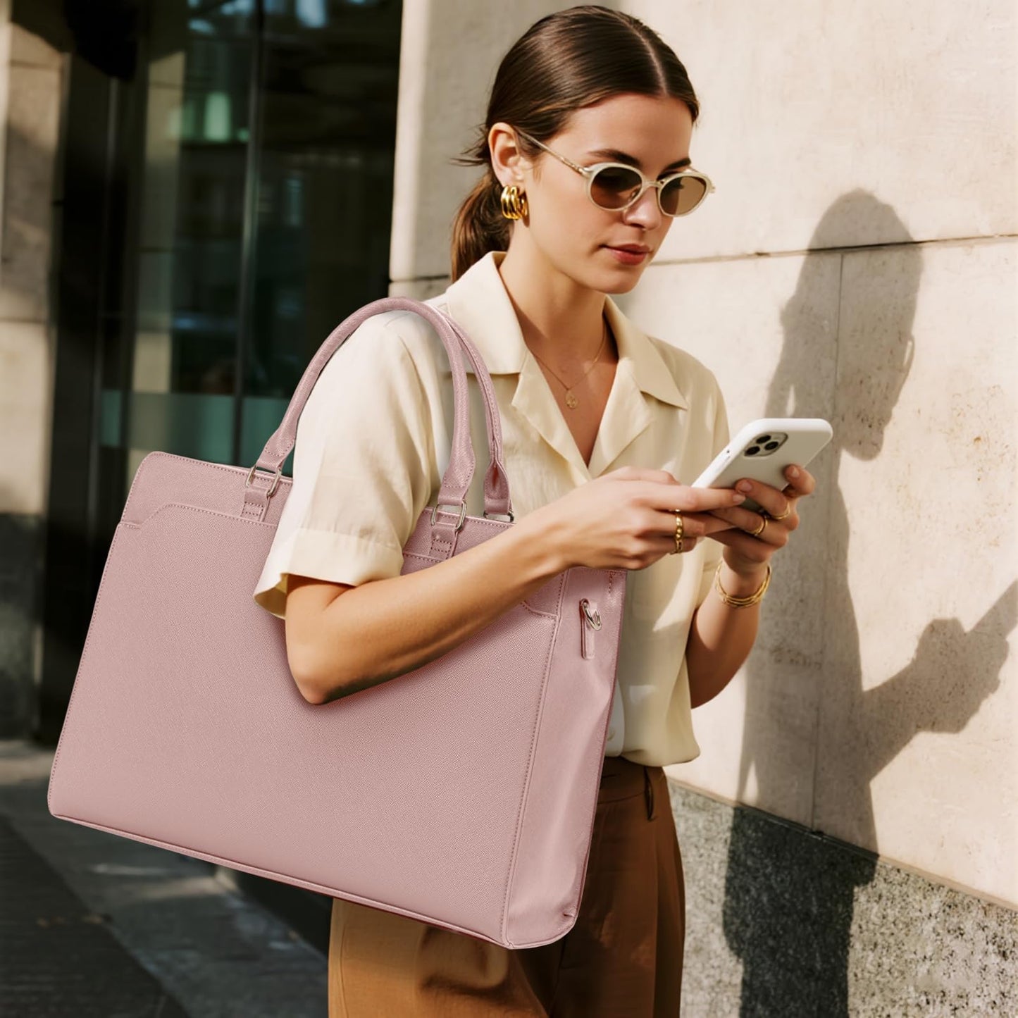GMAK Laptop Tote Bag for Women, 15.6 Inch Leather Computer Bags Lightweight Business Office Work Briefcase Large Capacity Waterproof Handbag for Daily Commute Travel Work, Pink