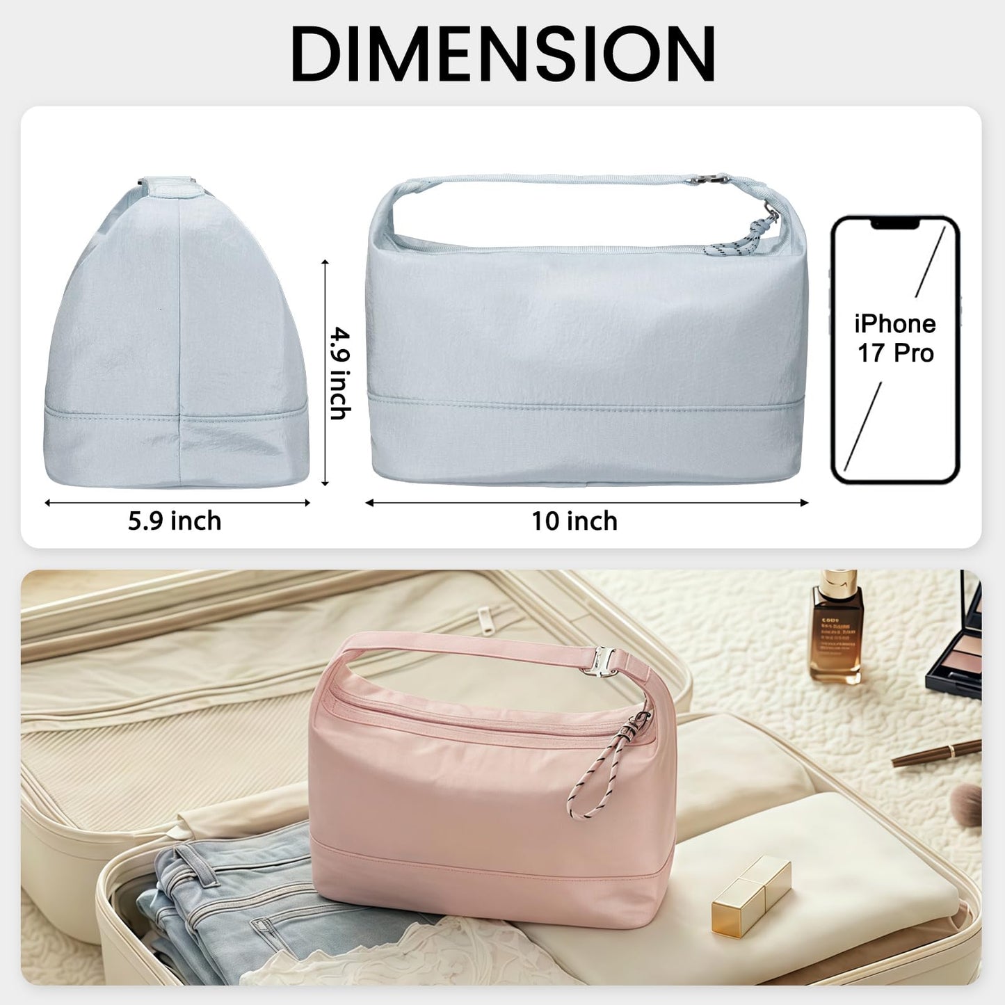 HauteHues Travel Makeup Bag for Women, Roomy Cosmetic Bag and Toiletry Bag with Wide Open Design, Soft Nylon Pouch for Makeup, Skincare, Toiletries, Gym, Carry-On and Weekend Trips, Gray Blue