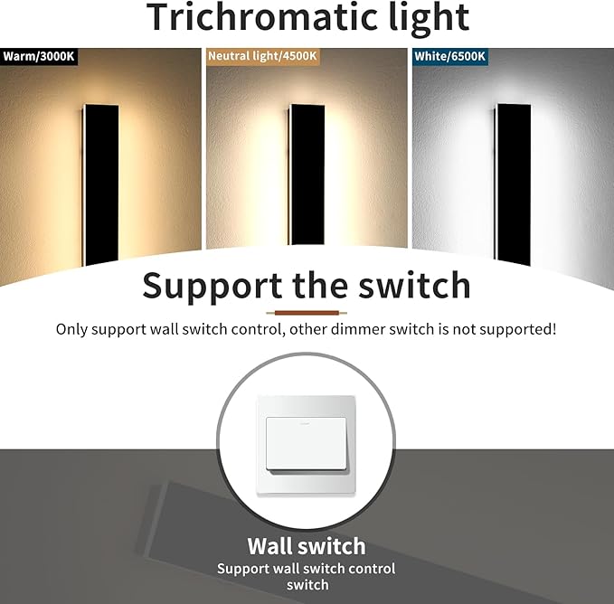 23.6inch Modern Outdoor Wall Light, LED Long Wall Sconces Lighting 3 Color Lights 3000K/4500K/6000K, Black Minimalist, IP65 Waterproof, Exterior Light Fixture Wall Lamps for Garage Porch Yard