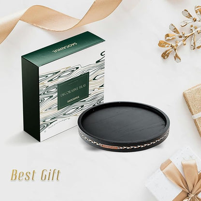 Decor Decorative Round Tray 11.81in for Home Decor for Coffee Table Farmhouse Kitchen Table Living Room Bathroom Centerpiece Tray Decor Black with Stripes