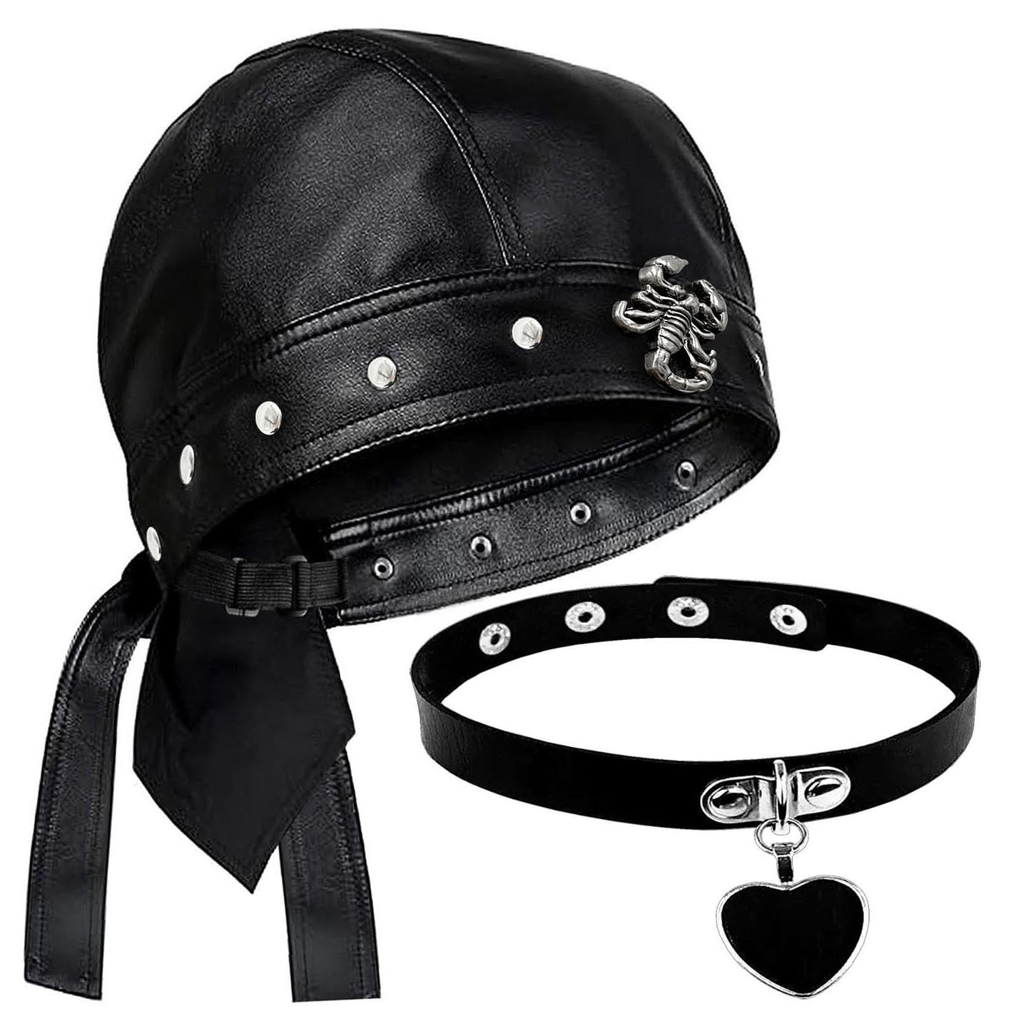 Punk Biker Leather Cap with Necklace for Women Skull Motorcycle Hat with Snug Fit, Stylish Biker Head Wrap & Riding Cap for Badass Look Adjustable Black