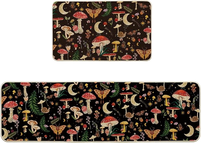 Artoid Mode Black Mushrooms Butterfly Spring Kitchen Mats Set of 2, Home Decor Low-Profile Kitchen Rugs for Floor - 17x29 and 17x59 Inch