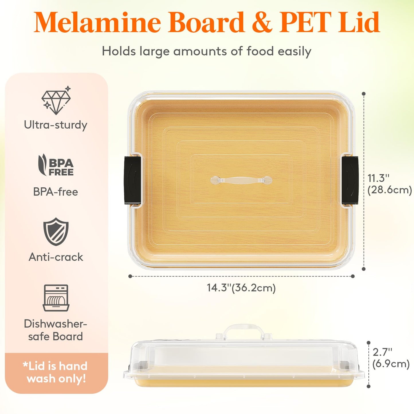 Lifewit 1 Compartment Melamine Charcuterie Board, 11 x 14 Inch Portable Cheese Board with Plastic Lockable Clear Lid, Travel Charcuterie Board Serving Platter with Cover for Snacks, Fruit, Appetizers