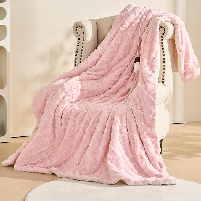 Electric Throw Heated Blanket-Super Soft Heated Throw with 6 Fast Heating Levels & 4 Hours Auto Off, 50"x60" Electric Blanket with Over-Heat Protection, Machine Washable to Keep Warm (Pink)