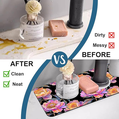 Colorful Peonies Sink Splash Guard Blooming Peonies Faucet Absorbing Mat Fast