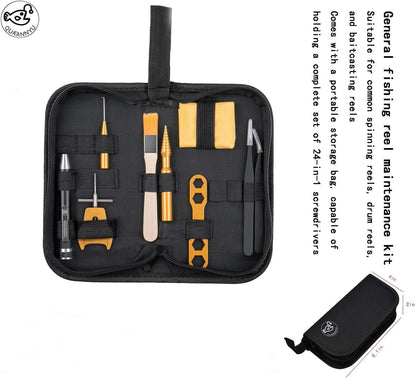QUA'ANNYU Fishing Reel Maintenance Kit, Professional Fishing Reel Care & Repair Tool Set with 24/30/38-in-1 Screwdriver Set (Gold+Manual Screwdriver)