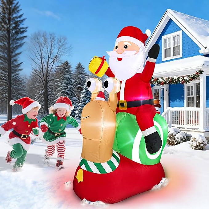 6 FT by 4.8 FT Christmas Inflatables Outdoor Decorations,Blow Up Santa Claus Riding Snail with Built-in LED Lights,Christmas Inflatables with Gift Box for Xmas Party Holiday Indoor Yard Lawn Garden
